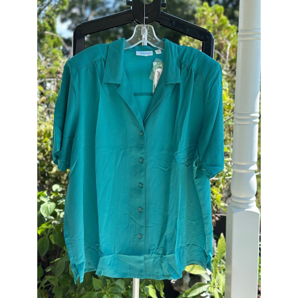 National Women Teal Green Crinkle Short Sleeve Button Down Shirt Size 2X NEW